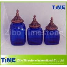Vasilhas de armazenamento de vidro azul decorativas com Finial Jar Top